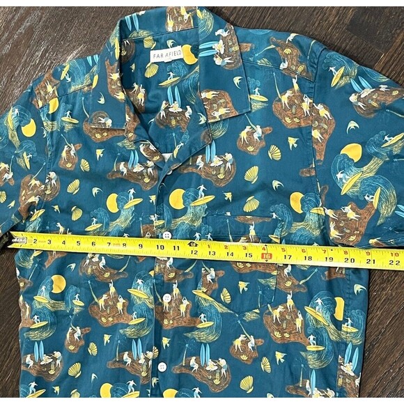 Far Afield Shirt Men’s 2 Medium Hawaiian Floral Hula Surfer Blue Green Aloha - Picture 8 of 8